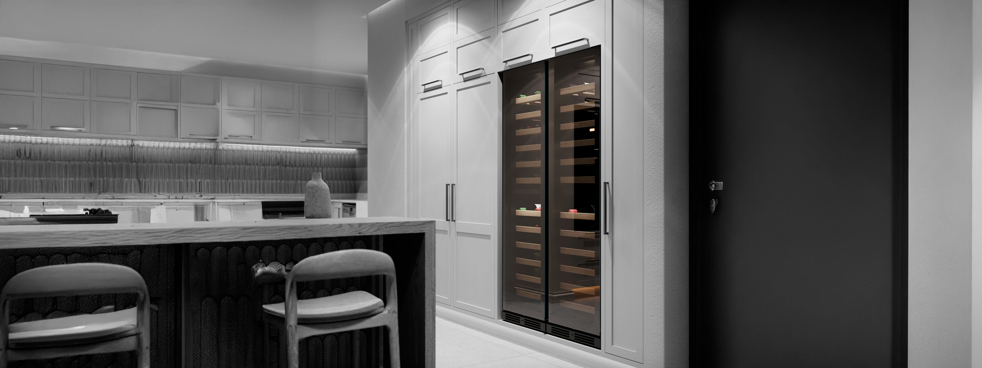 Sleek, elegant side by side Atelier fridges installed in Kitchen