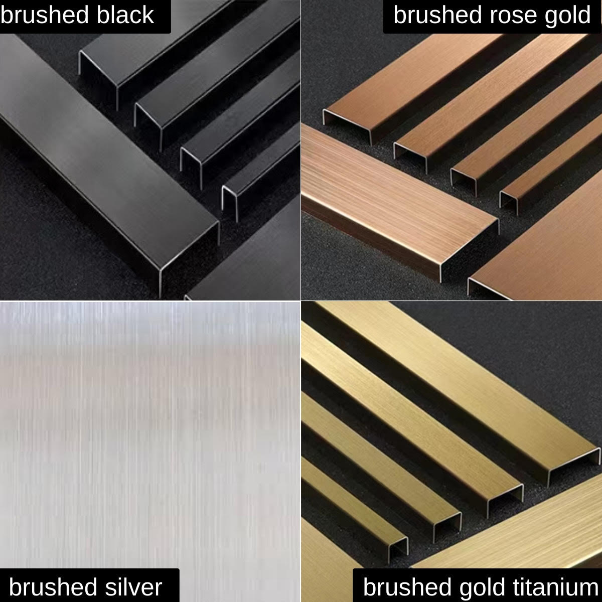 Four metal profiles in different finishes including brushed black/gunmetal, rose gold, silver, and gold titanium.