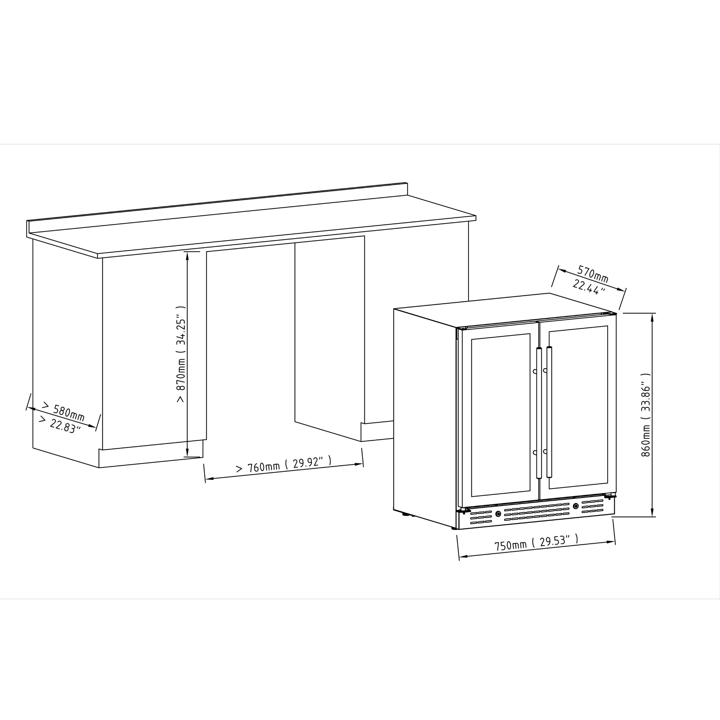 750mm Under Bench Dual Zone Bar Fridge