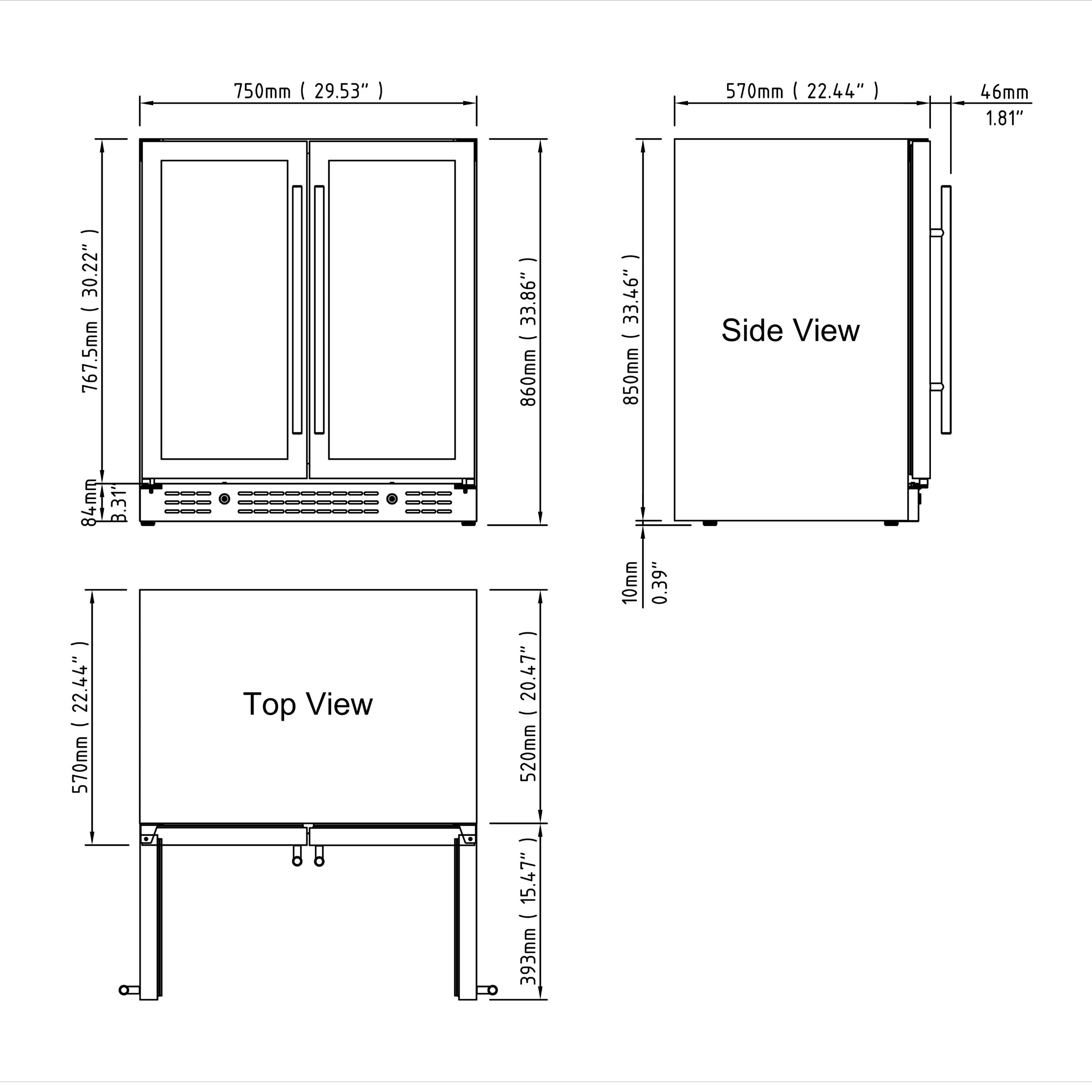 750mm Under Bench Dual Zone Bar Fridge