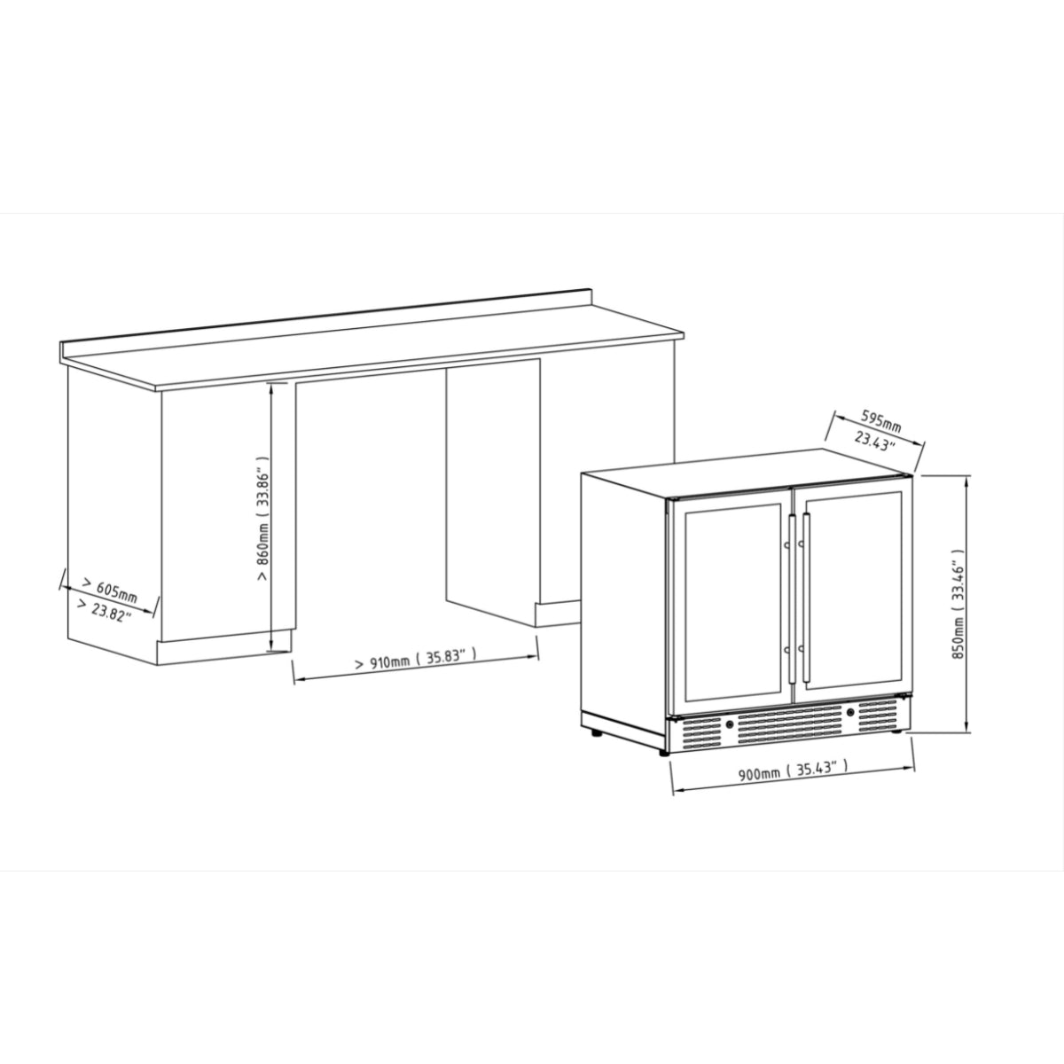 900mm-wide Under Bench Dual Zone Wine Fridge