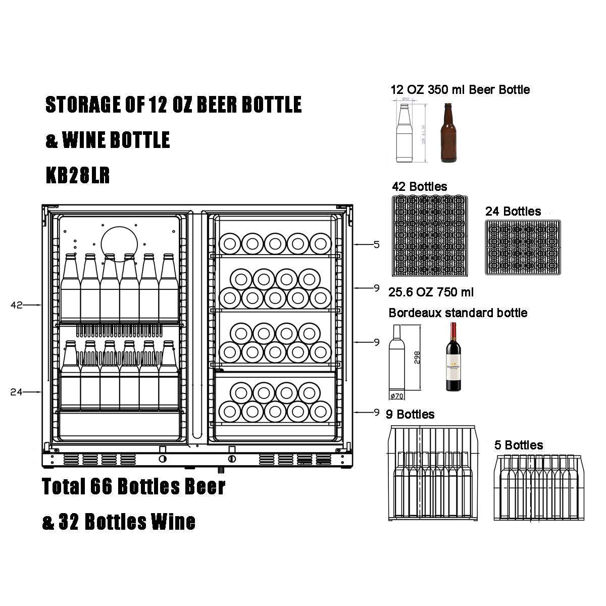 KB28LR kingsbottle wine&beverage cooler storage capacity of 12 oz beer bottles 