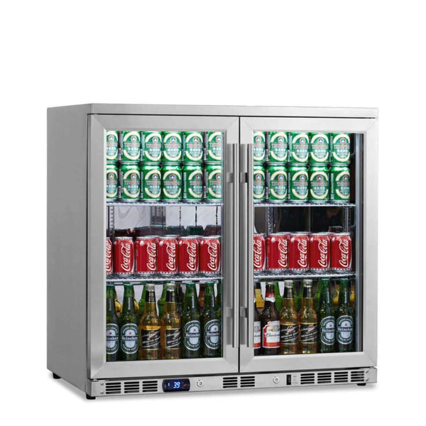 REFURBISHED Heating Glass 2-Door Full Stainless Under Bench Beverage Fridge, Indoor or Outdoor