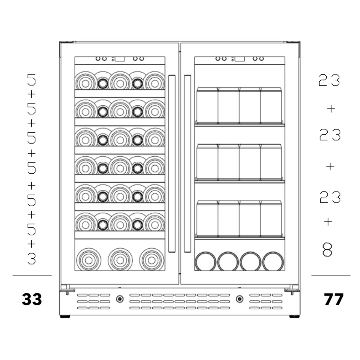 750mm Wide Under bench Low-E Glass Door Wine and Beer Fridge Combo