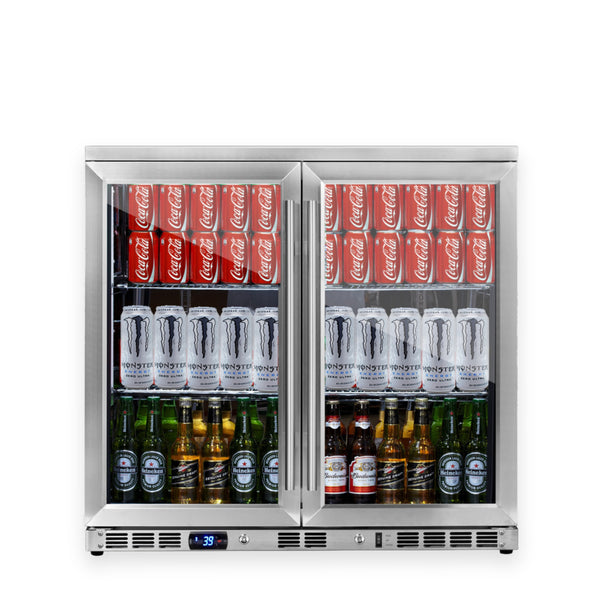 REFURBISHED Heating Glass 2-Door Full Stainless Under Bench Beverage Fridge, Indoor or Outdoor